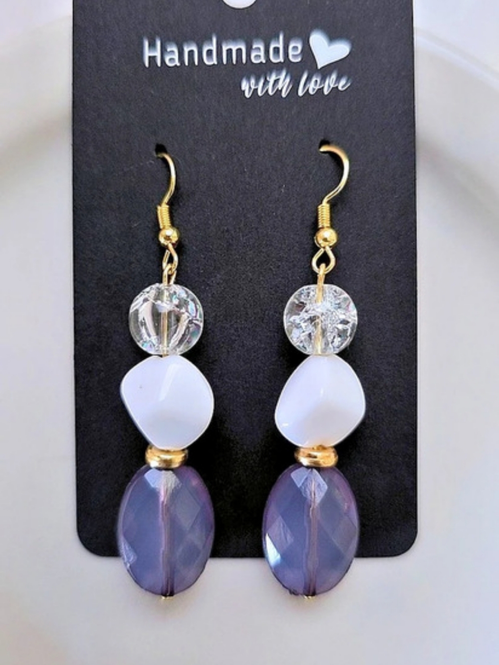 Handmade Beaded Dangle Earrings in Gray & White NWT